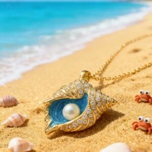 Adorable Pearl Conch shell necklace with CZ
